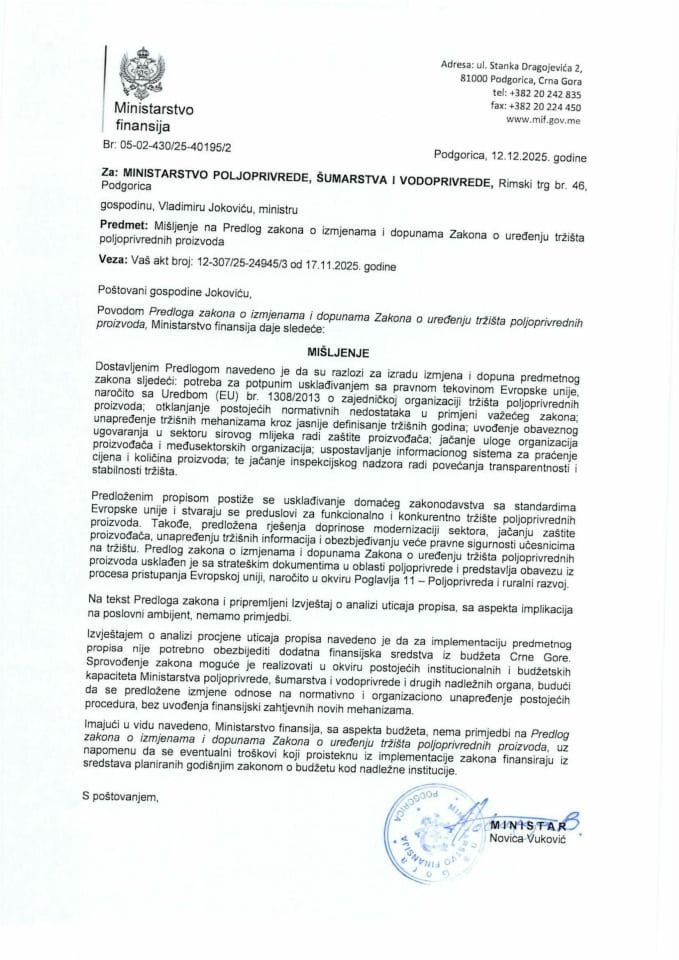 Mišljenje na Predlog zakona o izmjenama i dopunama Zakona o uređenju tržišta poljoprivrednih proizvoda