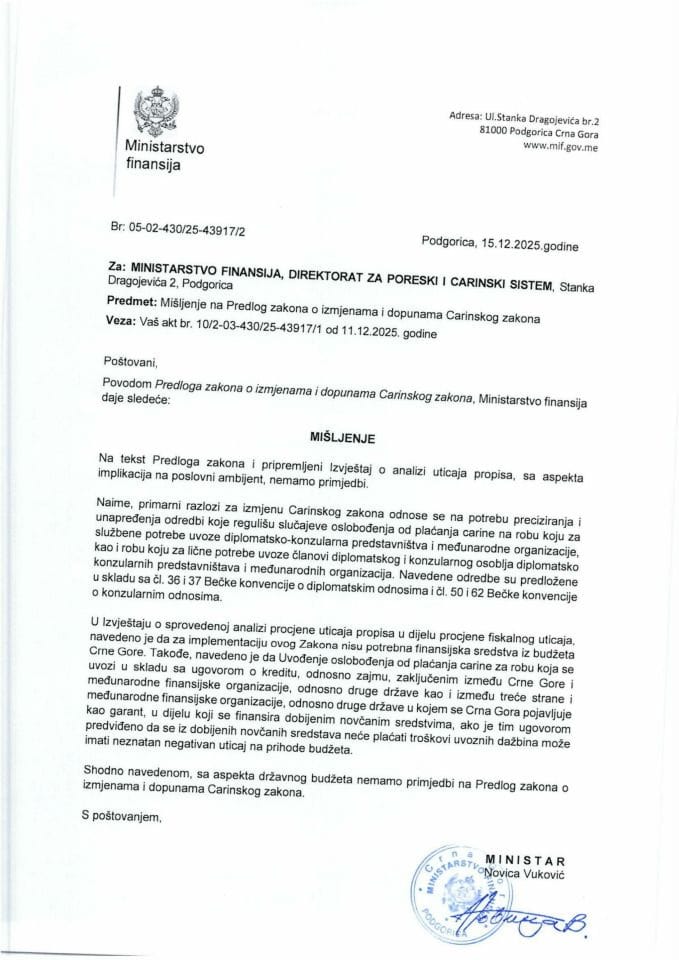 Mišljenje na Predlog zakona o izmjenama i dopunama Carinskog zakona