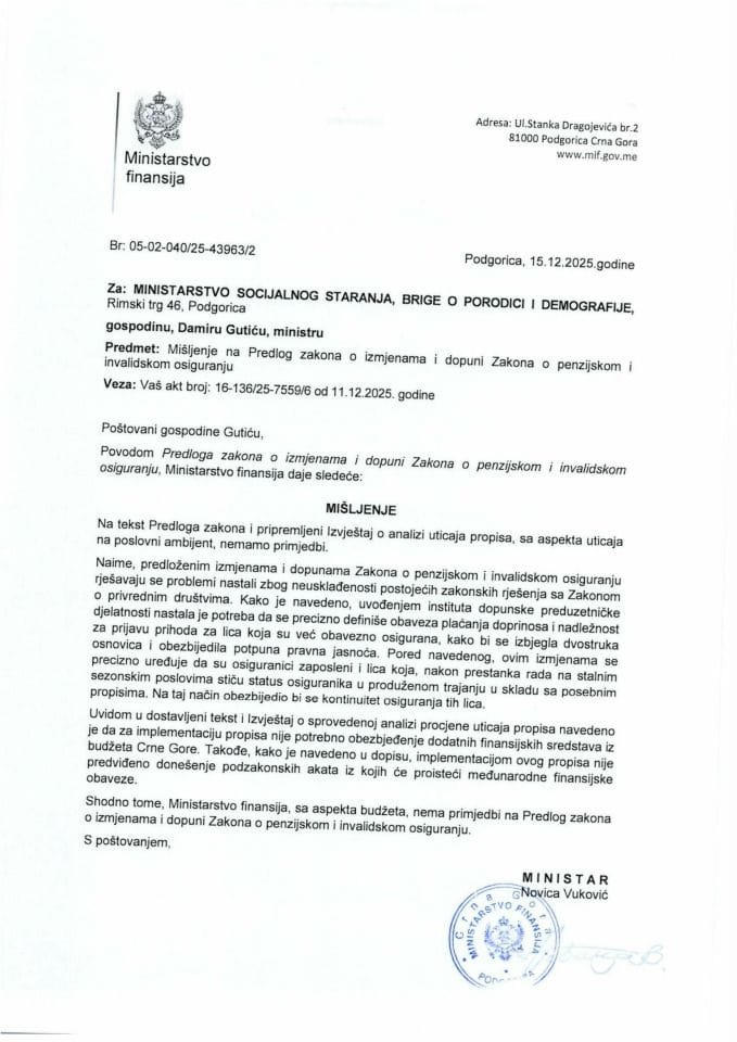 Mišljenje na Predlog zakona o izmjenama i dopuni Zakona o PIO