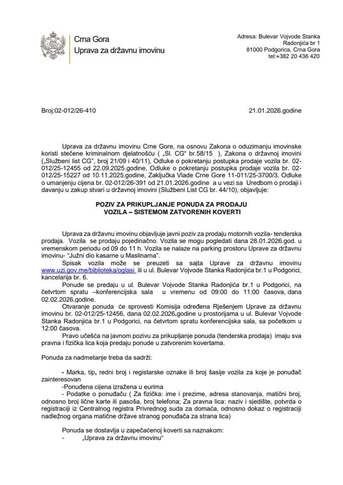 POZIV ZA PRIKUPLJANJE PONUDA ZA PRODAJU VOZILA – SISTEMOM ZATVORENIH KOVERTI