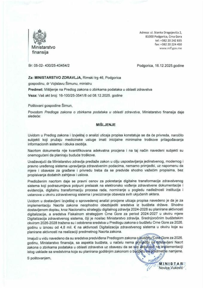 Mišljenje na Predlog zakona o zbirkama podataka u oblasti zdravstva