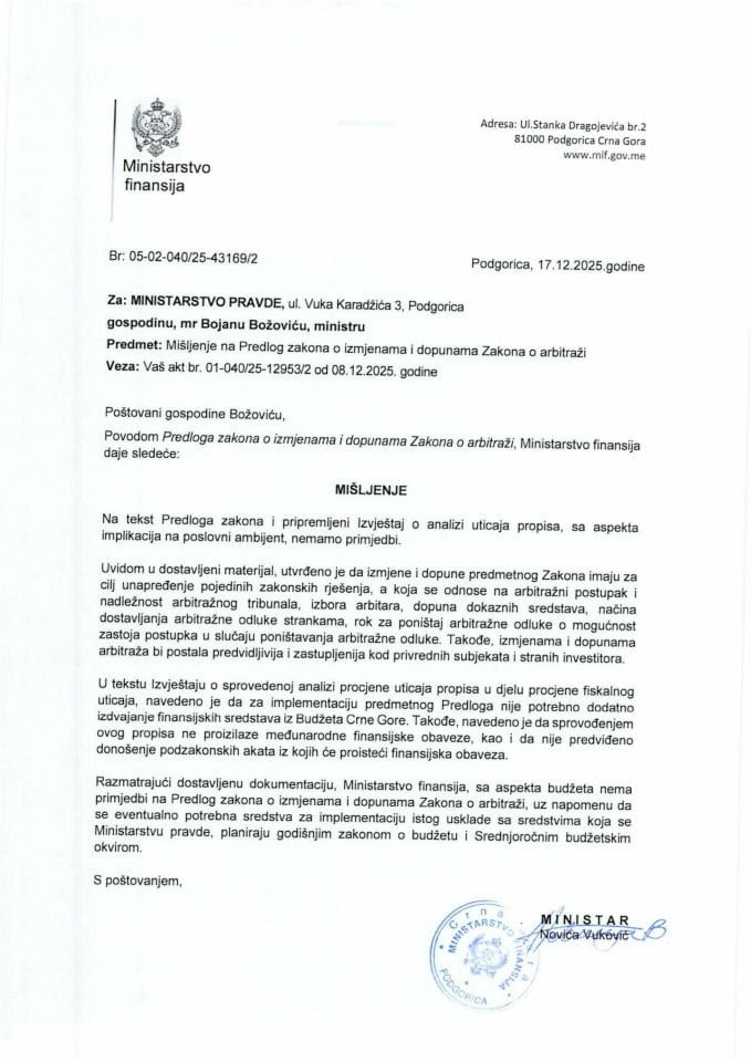 Mišljenje na Predlog zakona o izmjenama i dopunama Zakona o arbitraži