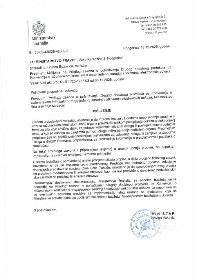 Mišljenje na Predlog zakona o potvrđivanju Drugog dodatnog protokola