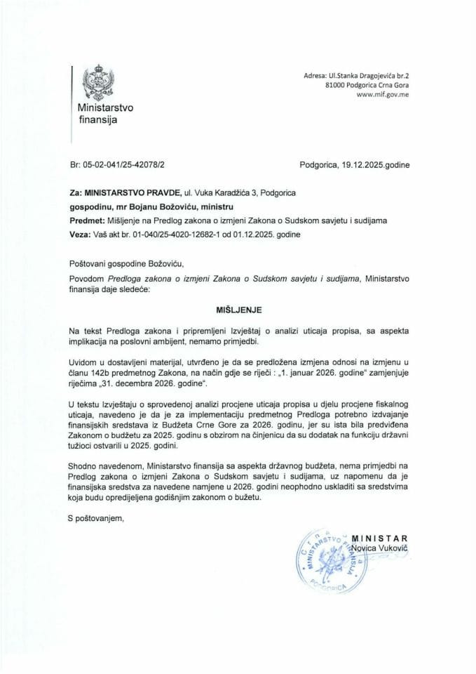 Mišljenje na Predlog zakona o izmjeni Zakona o Sudskom savjetu i sudijama