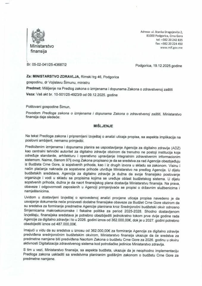 Mišljenje na Predlog zakona o izmjenama i dopunama Zakona o zdravstvenoj zaštiti