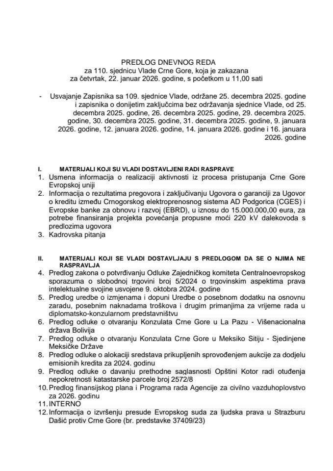 Predlog dnevnog reda za 110. sjednicu Vlade Crne Gore