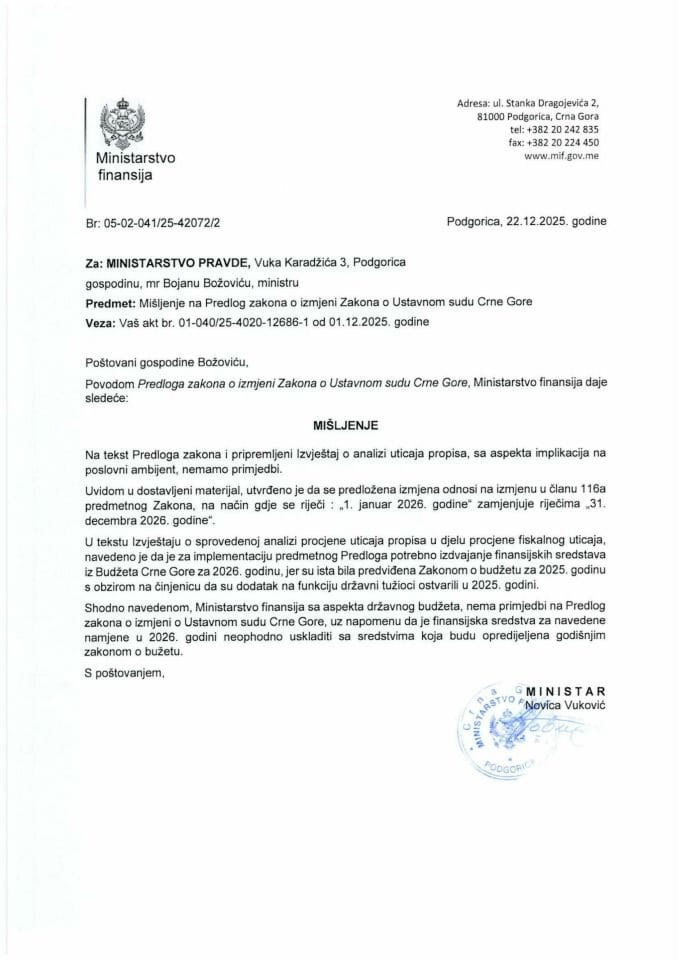 Mišljenje na Predlog zakona o izmjeni Zakona o Ustavnom sudu Crne Gore