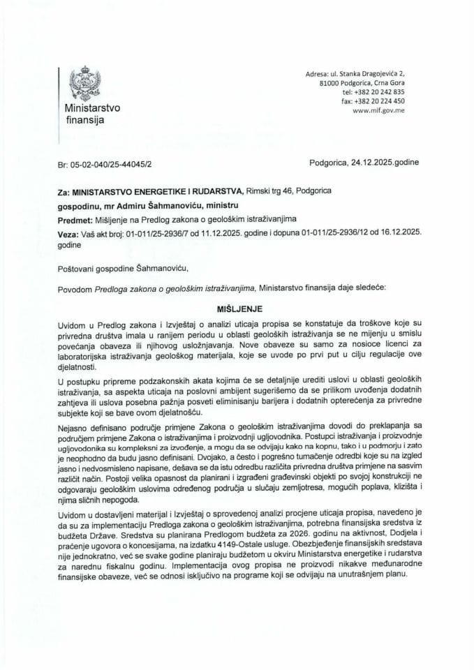 Mišljenje na Predlog zakona o geološkim istraživanjima