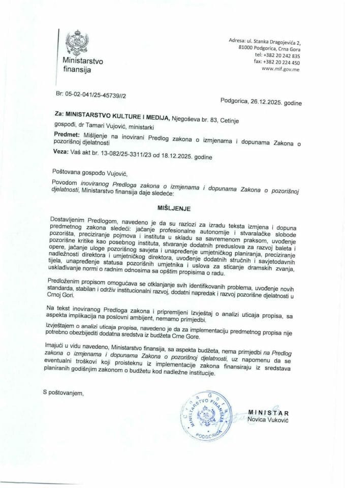 Mišljenje na Predlog zakona o izmjenama i dopunama Zakona o pozorišnoj djelatnosti