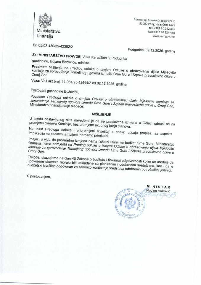 Mišljenje na Predlog odluke o izmjeni Odluke o obrazovanju dijela Mješovite komisije za sprovođenje Temeljnog ugovora između Crne Gore i Srpske pravoslavne crkve u Crnoj Gori