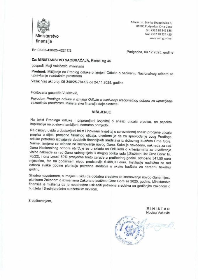 Mišljenje na Predlog odluke o izmjeni Odluke o osnivanju Nacionalnog odbora za upravljanje vazdušnim prostorom