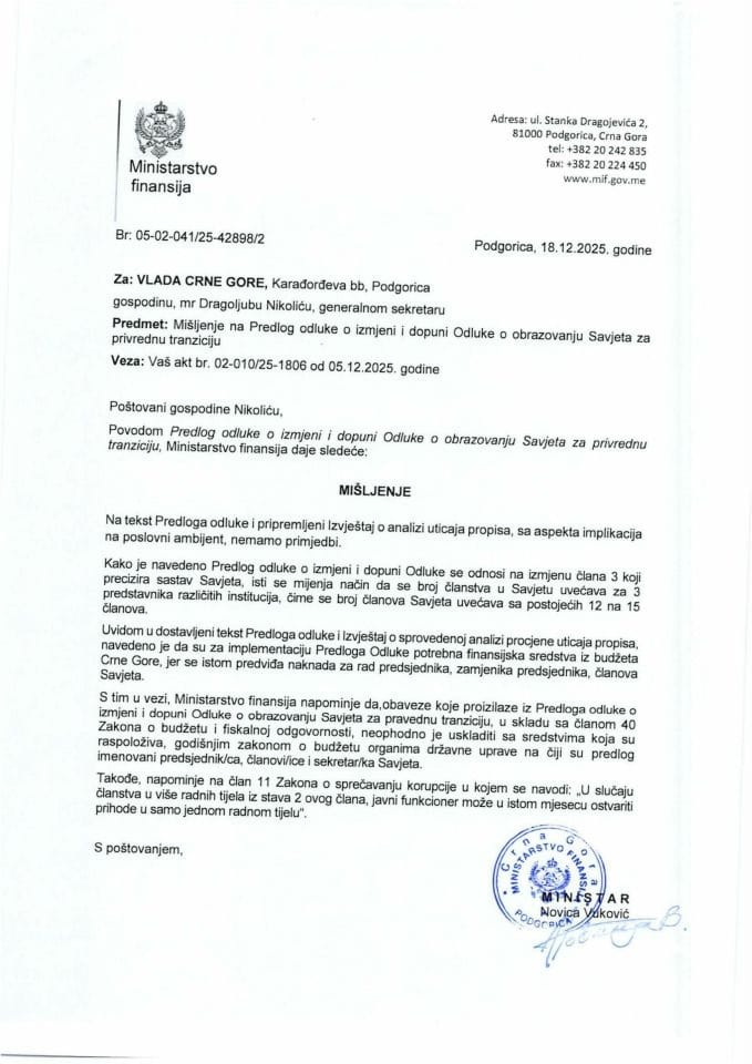 Mišljenje na Predlog odluke o izmjeni i dopuni Odluke o obrazovanju Savjeta za privrednu tranziciju