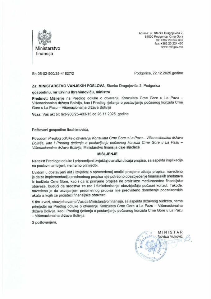 Mišljenje na Predlog Odluke o otvaranju Konzulata Crne Gore u La Pazu - Višenacionalna država Bolivija