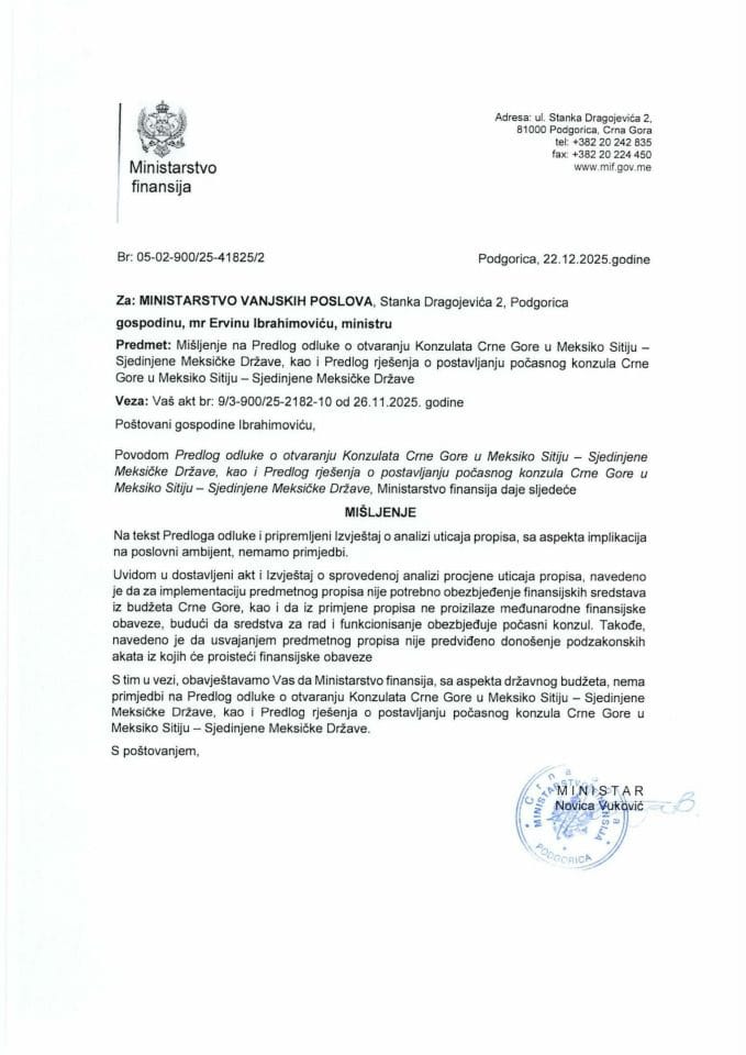 Mišljenje na Predlog odluke o otvaranju Konzulata Crne Gore u Meksiko sitiju - Sjedinjene Meksičke Države