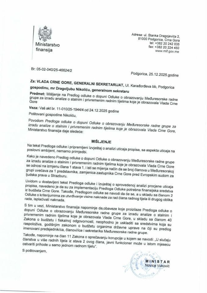 Mišljenje na Predlog odluke o dopuni Odluke o obrazovanju Međuresorske radne grupe za izradu analize o stalnim i privremenim radnim tijelima koje je obrazovala Vlada Crne Gore