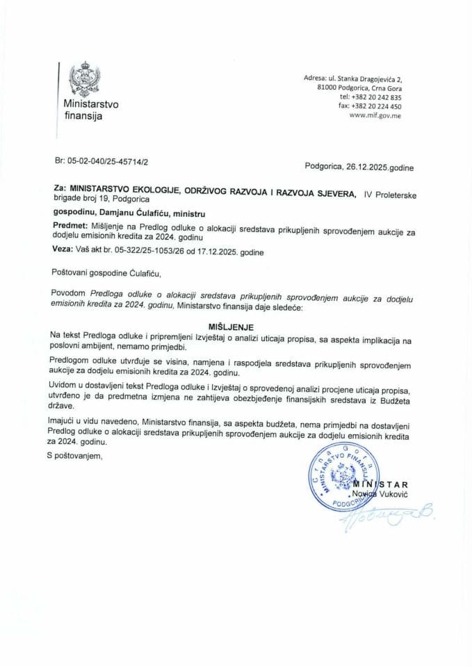 Mišljenje na Predlog odluke o alokaciji sredstava prikupljenih sprovođenjem aukcije za dodjelu emisionih kredita za 2024. godinu