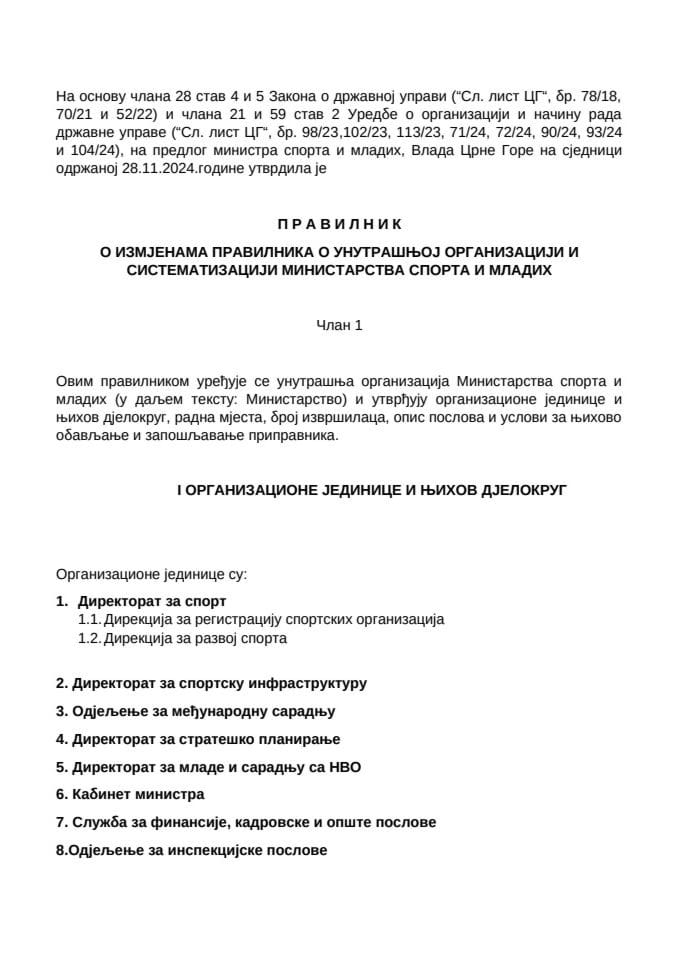 Pravilnik o izmjenama pravilnika o unutrašnjoj organizaciji i sistematizaciji ministarstva sporta i mladih