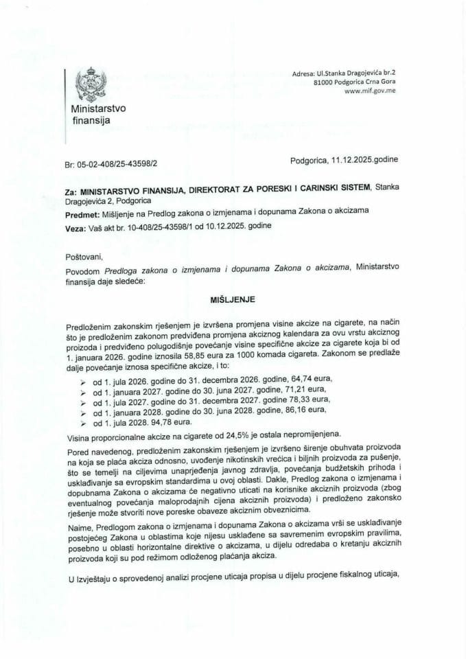 Mišljenje na Predlog zakona o izmjenama i dopunama Zakona o akcizama