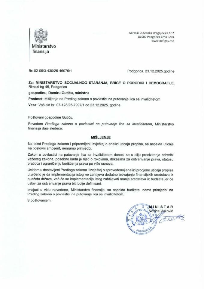 Mišljenje na Predlog zakona o povlastici na putovanje lica sa invaliditetom