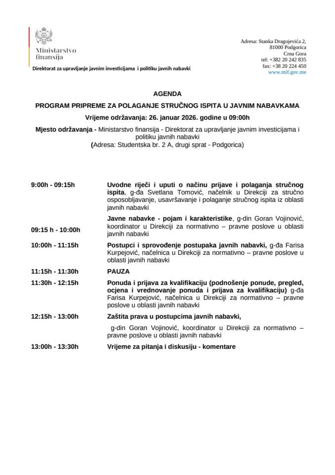 Agenda 26. januar 2026. godine