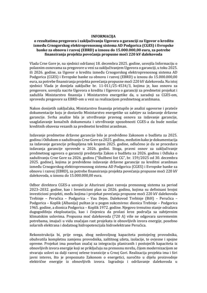 Informacija o rezultatima pregovora i zaključivanju Ugovora o garanciji za Ugovor o kreditu između CGES i EBRD za potrebe finansiranja projekta povećanja propusne moći 220 kV dalekovoda
