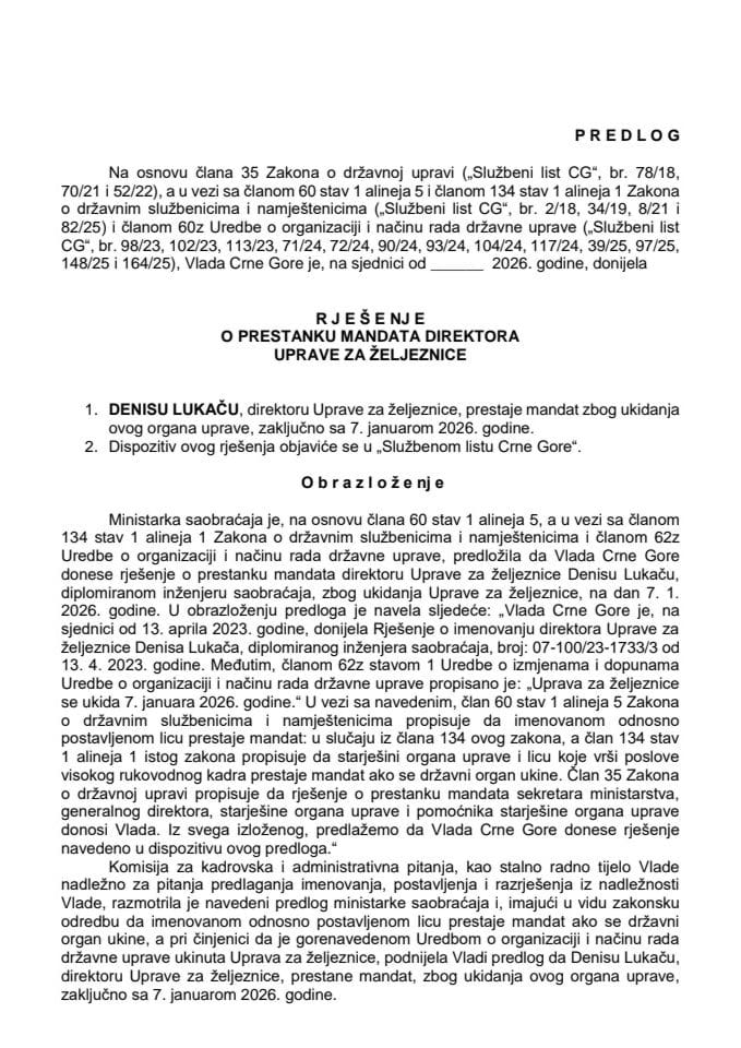 Predlog za prestanak mandata direktora Uprave za željeznice