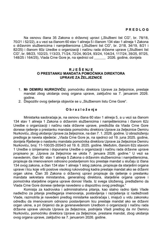 Predlog za prestanak mandata pomoćnika direktora Uprave za željeznice