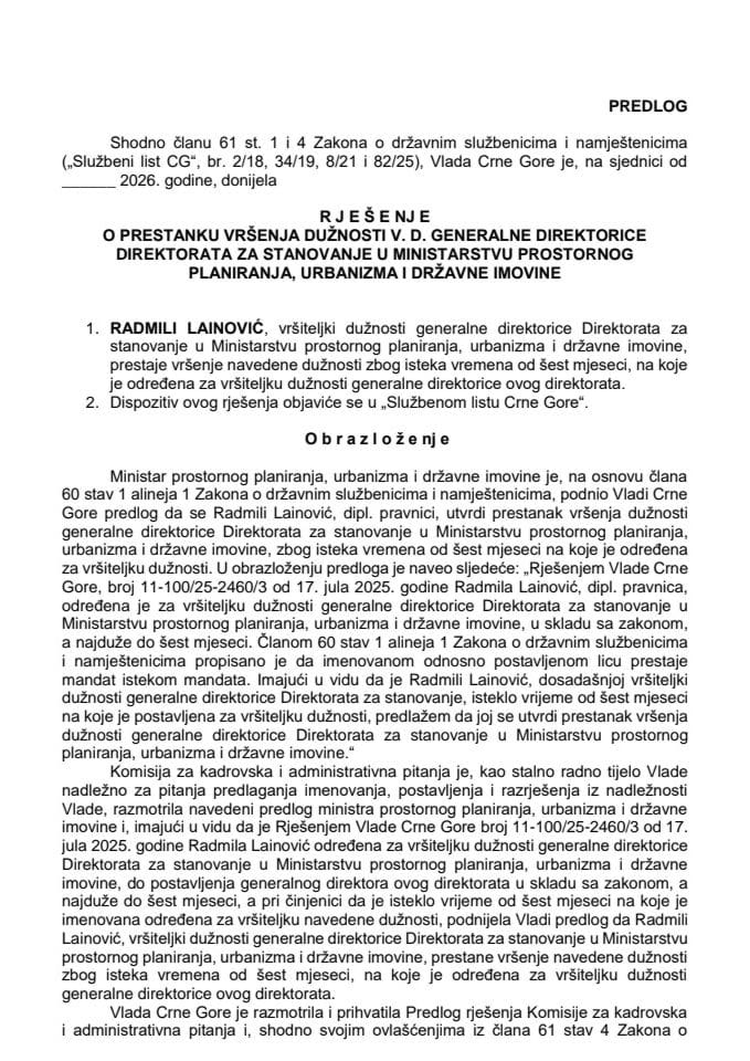 Predlog za prestanak vršenja dužnosti v. d. generalne direktorice Direktorata za stanovanje u Ministarstvu prostornog planiranja, urbanizma i državne imovine