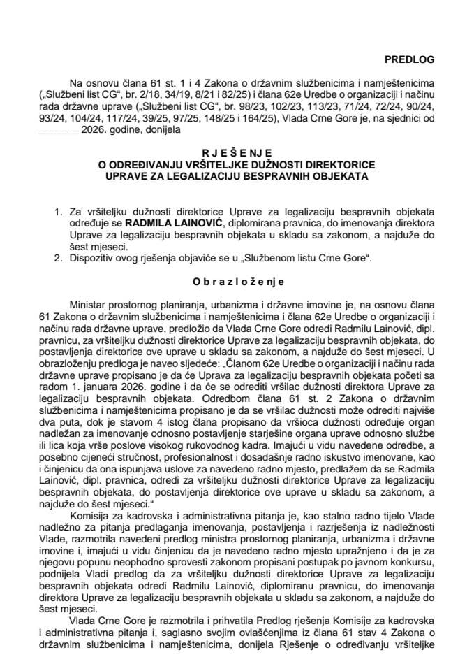 Predlog za određivanje vršiteljke dužnosti direktorice Uprave za legalizaciju bespravnih objekata