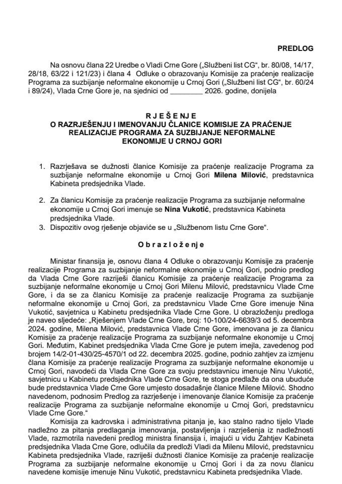 Predlog za razrješenje i imenovanje članice Komisije za praćenje realizacije Programa za suzbijanje neformalne ekonomije u Crnoj Gori