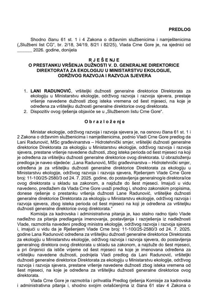 Predlog za prestanak vršenja dužnosti v. d. generalne direktorice Direktorata za ekologiju u Ministarstvu ekologije, održivog razvoja i razvoja sjevera
