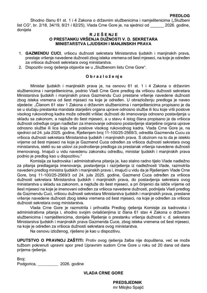 Predlog za prestanak vršenja dužnosti v. d. sekretara Ministarstva ljudskih i manjinskih prava