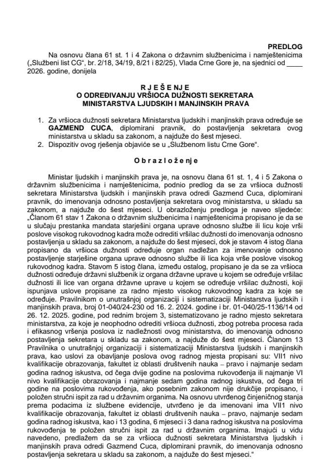 Predlog za određivanje vršioca dužnosti sekretara Ministarstva ljudskih i manjinskih prava