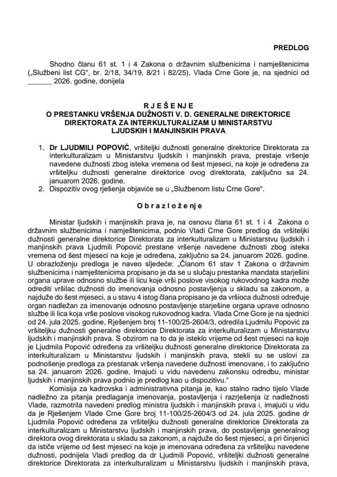 Predlog za prestanak vršenja dužnosti v. d. generalne direktorice Direktorata za interkulturalizam u Ministarstvu ljudskih i manjinskih prava