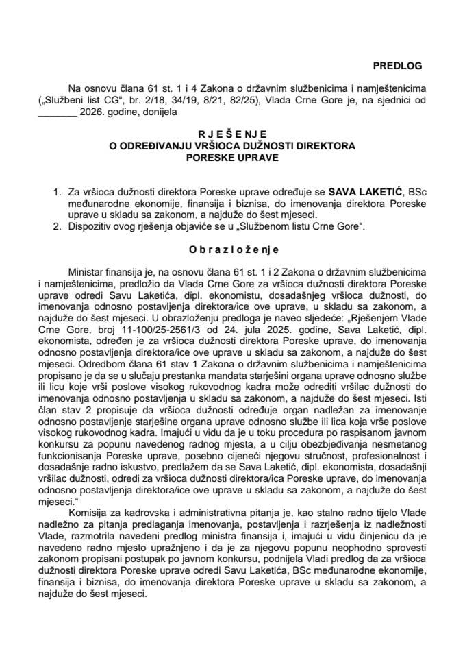 Predlog za određivanje vršioca dužnosti direktora Poreske uprave