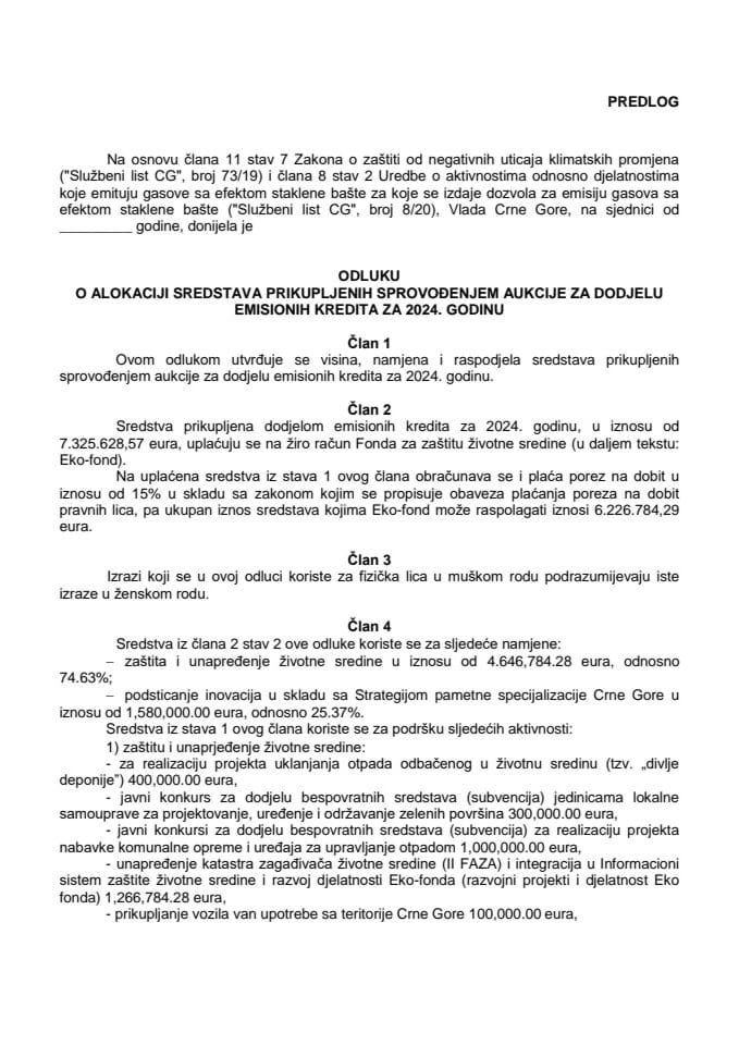 Predlog odluke o alokaciji sredstava prikupljenih sprovođenjem aukcije za dodjelu emisionih kredita za 2024. godinu