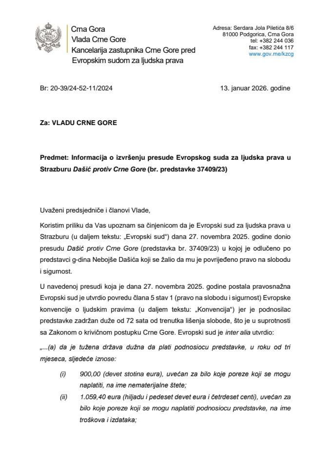 Informacija o izvršenju presude Evropskog suda za ljudska prava u Strazburu Dašić protiv Crne Gore (br. predstavke 37409/23)
