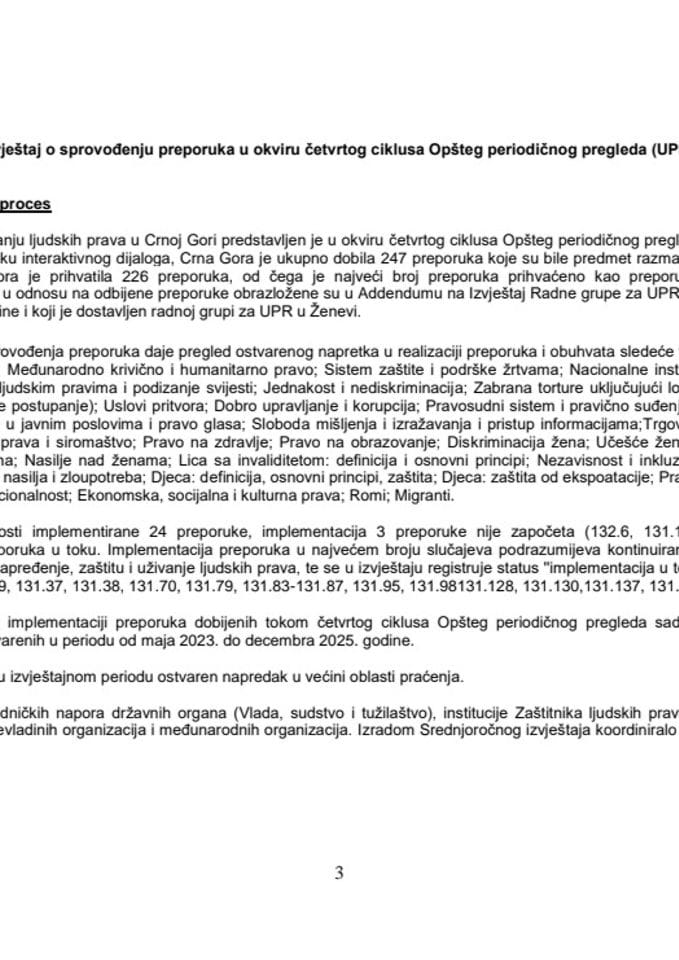 Srednjoročni izvještaj o sprovođenju preporuka u okviru četvrtog ciklusa Opšteg periodičnog pregleda (UPR) za Crnu Goru