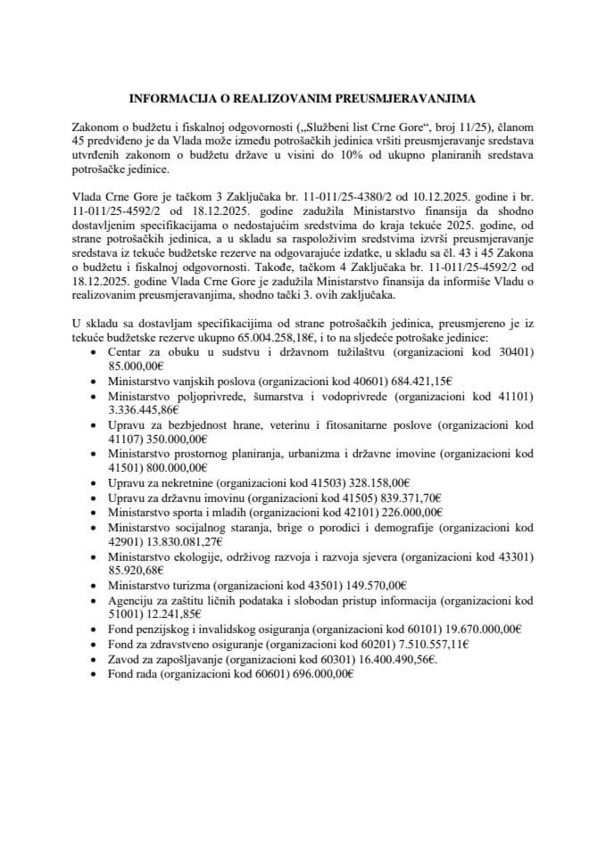 Informacija o realizovanim preusmjeravanjima