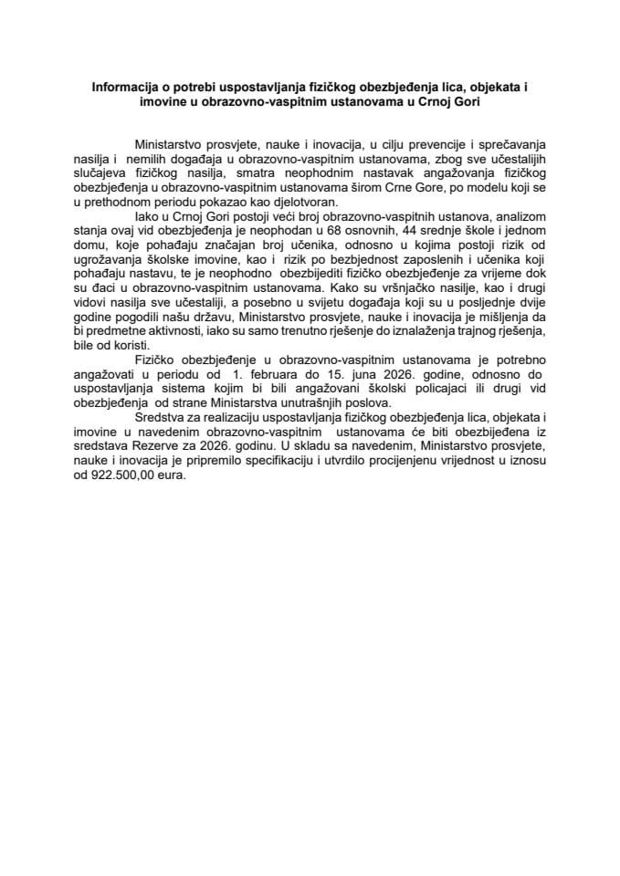 Informacija o potrebi uspostavljanja fizičkog obezbjeđenja lica, objekata i imovine u obrazovno-vaspitnim ustanovama u Crnoj Gori