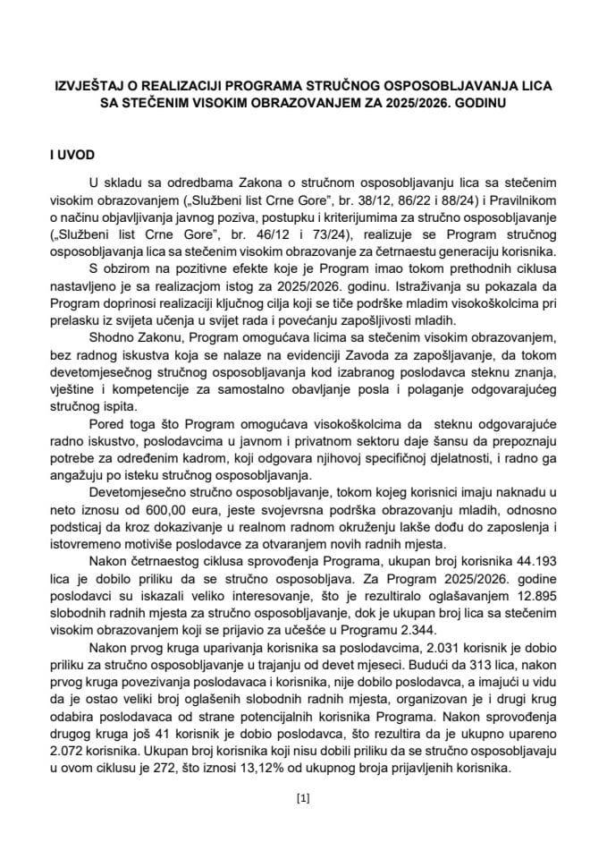 Izvještaj o realizaciji Programa stručnog osposobljavanja lica sa stečenim visokim obrazovanjem za 2025/2026. godinu