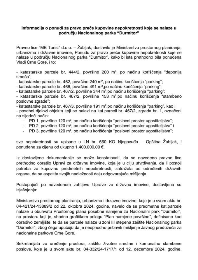 Informacija o ponudi za pravo preče kupovine nepokretnosti koje se nalaze u području Nacionalnog parka „Durmitor“