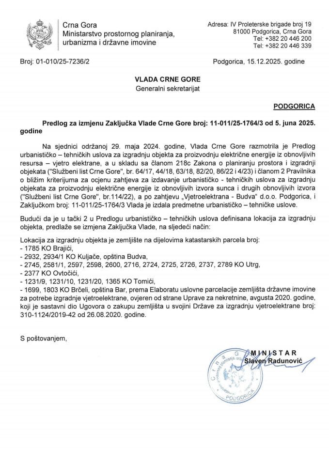 Predlog za izmjenu Zaključka Vlade Crne Gore, broj: 11-011/25-1764/3, od 5. juna 2025. godine, sa sjednice održane 29. maja 2025. godine
