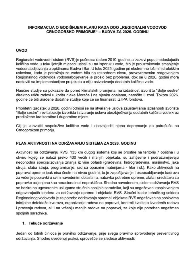 Informacija o Godišnjem planu rada DOO „Regionalni vodovod Crnogorsko primorje“ - Budva za 2026. godinu i Predlog godišnjeg plana rada DOO „Regionalni vodovod Crnogorsko primorje“ - Budva za 2026. godinu