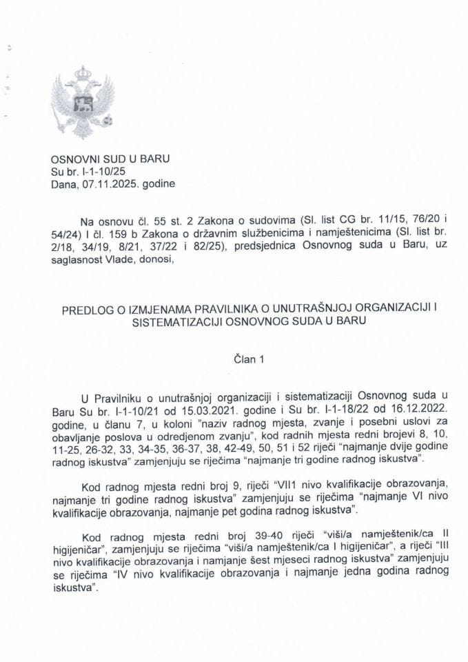 Predlog pravilnika o izmjenama Pravilnika o unutrašnjoj organizaciji i sistematizaciji Osnovnog suda u Baru