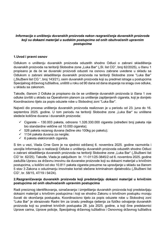 Informacija o uništenju duvanskih proizvoda nakon razgraničenja duvanskih proizvoda koji su dokazni materijal u sudskim postupcima od onih obuhvaćenih upravnim postupcima