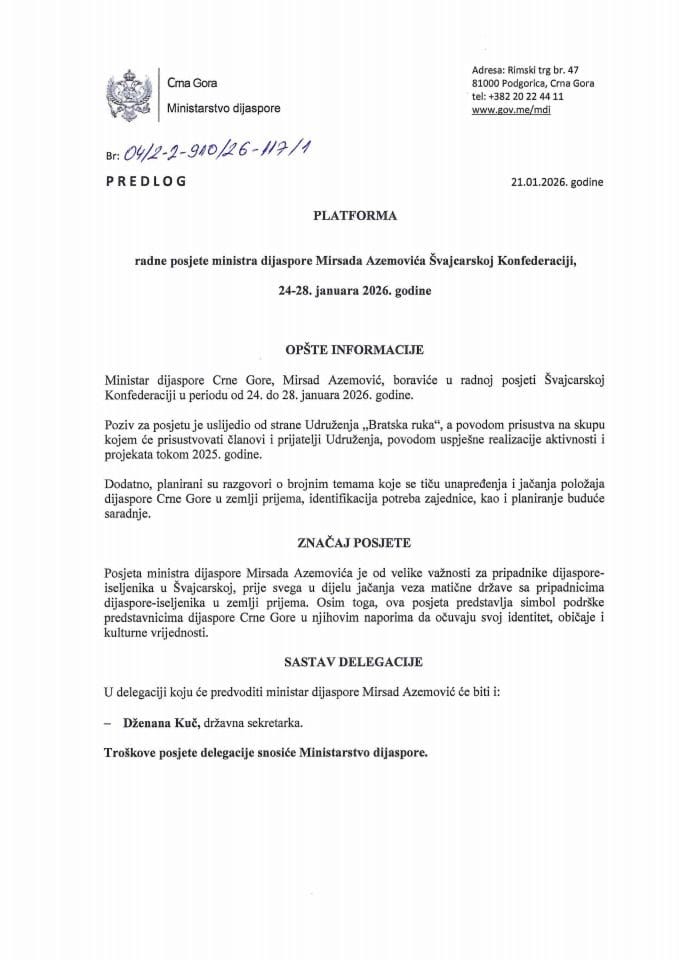 Predlog platforme radne posjete ministra dijaspore Mirsada Azemovića Švajcarskoj Konfederaciji, 24-28. januara 2026. godine