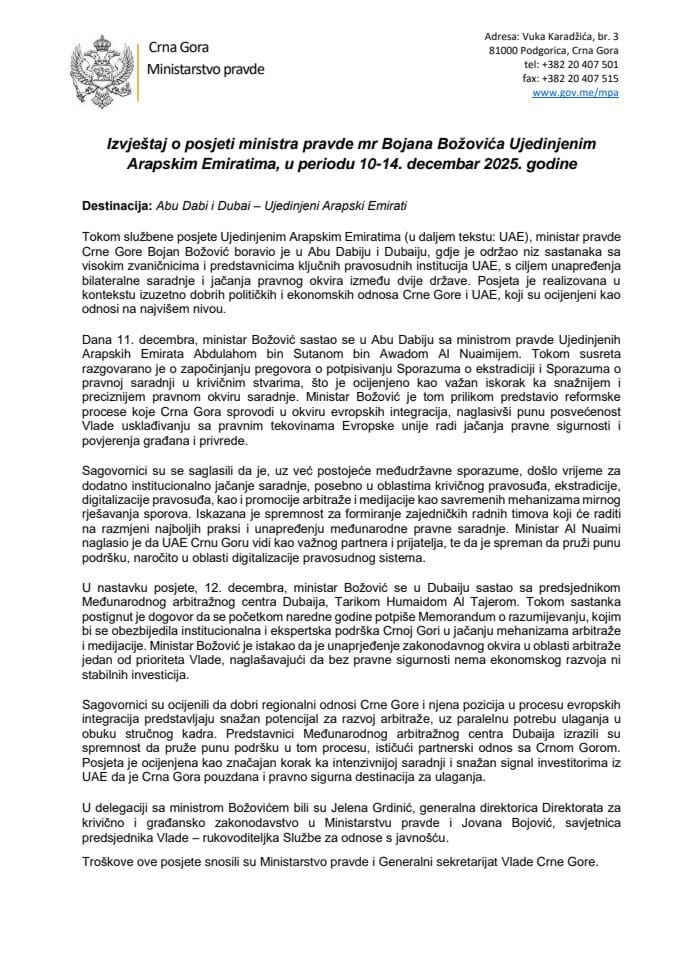 Izvještaj o posjeti ministra pravde mr Bojana Božovića Ujedinjenim Arapskim Emiratima, u periodu 10-14. decembar 2025. godine