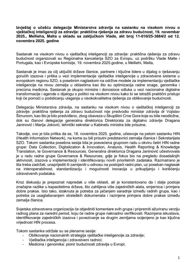 Izvještaj o učešću delegacije Ministarstva zdravlja na sastanku na visokom nivou o vještačkoj inteligenciji za zdravlje: praktična rješenja za zdravu budućnost, 19. novembar 2025. godine, Mellieha, Malta