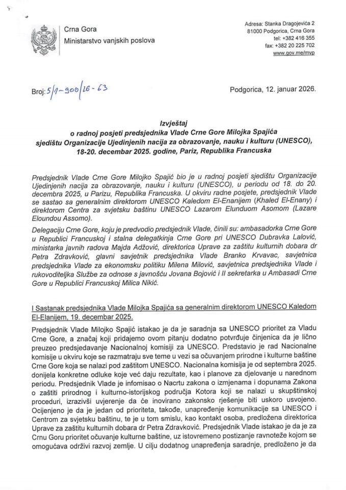 Izvještaj o radnoj posjeti predsjednika Vlade Crne Gore Milojka Spajića sjedištu Organizacije Ujedinjenih nacija za obrazovanje, nauku i kulturu (UNESCO, 18-20. decembar 2025. godine, Pariz, Republika Francuska